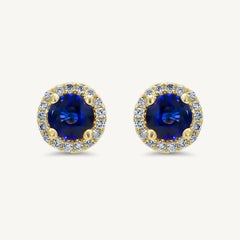 Natural Blue Round Sapphire and White Diamond 1.41 Carat TW Gold Stud Earrings