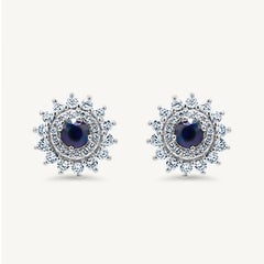 Natural Blue Round Sapphire and White Diamond 1.42 Carat TW Gold Stud Earrings