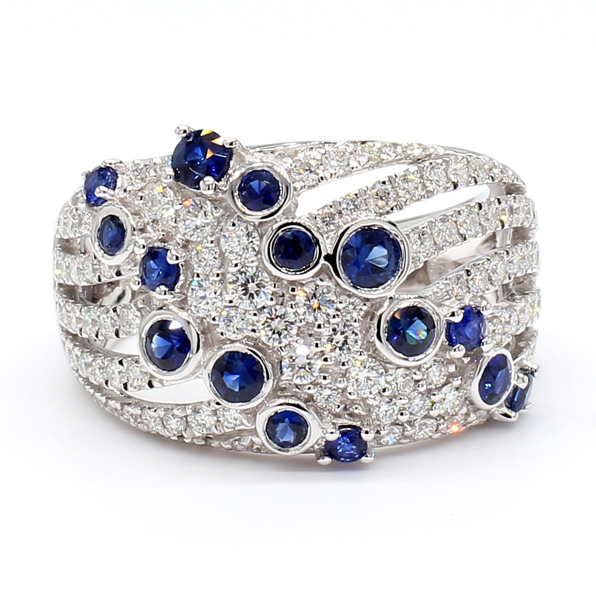 Contemporary Natural Blue Round Sapphire and White Diamond 1.49 Carat TW Gold Cocktail Band For Sale