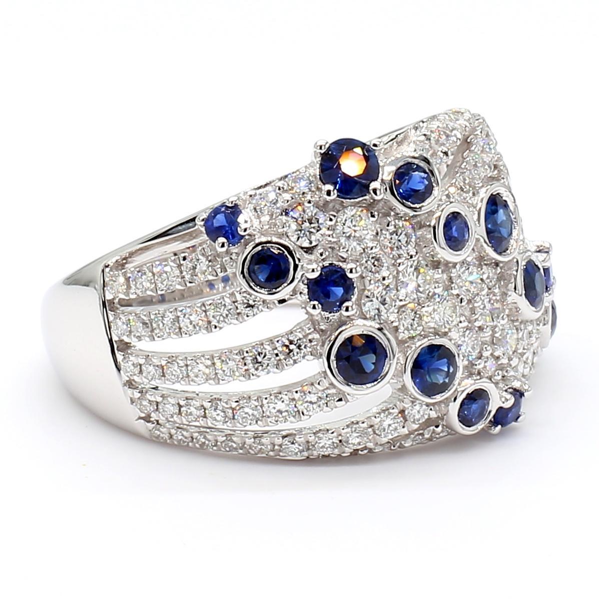 Round Cut Natural Blue Round Sapphire and White Diamond 1.49 Carat TW Gold Cocktail Band For Sale