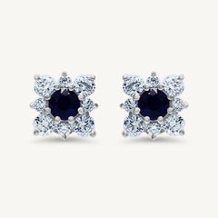 Natural Blue Round Sapphire and White Diamond 1.49 Carat TW Gold Stud Earrings