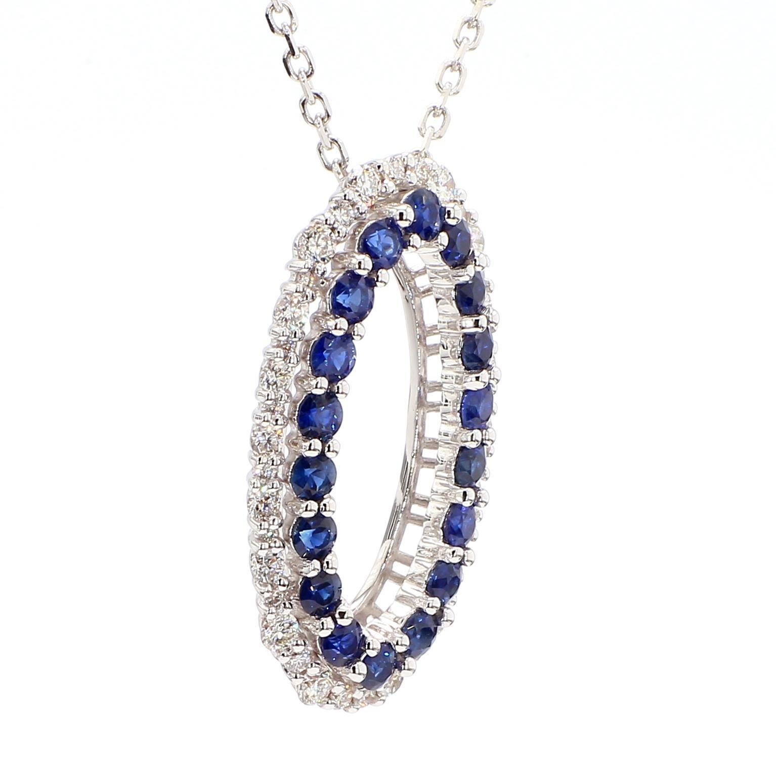 Taille ronde Pendentif en or de 1.65 carat poids total avec saphir rond bleu naturel et diamant blanc en vente
