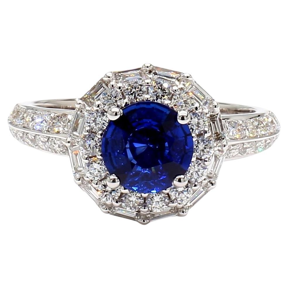Natural Blue Round Sapphire and White Diamond 1.70 Carat TW White Gold Ring
