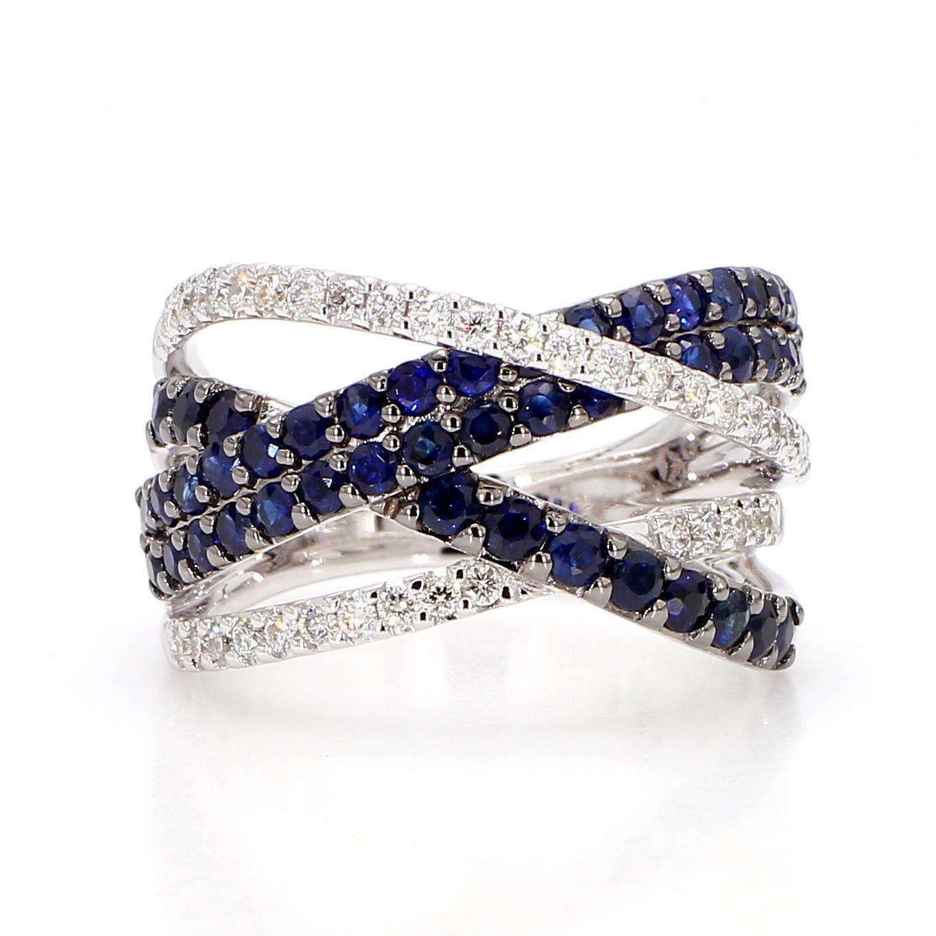 Natürlicher blauer runder Saphir und weißer Diamant 2.10 Karat TW Gold Cocktail-Ring (Zeitgenössisch) im Angebot