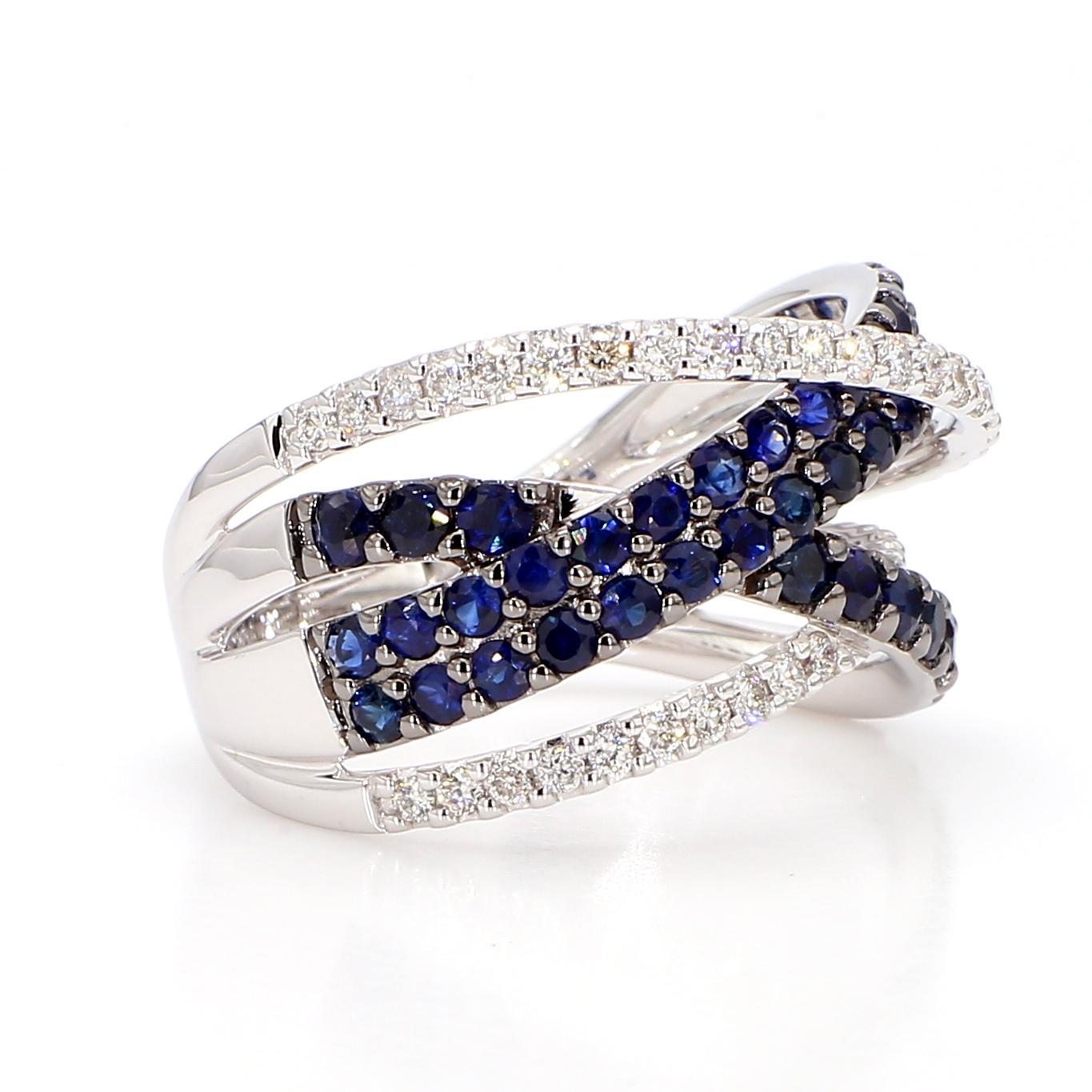 Natürlicher blauer runder Saphir und weißer Diamant 2.10 Karat TW Gold Cocktail-Ring (Rundschliff) im Angebot