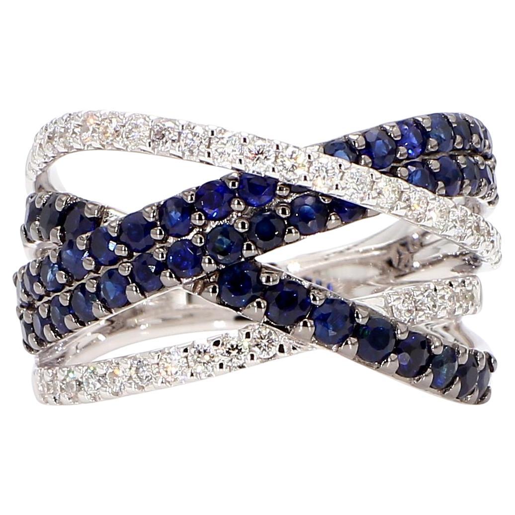 Natural Blue Round Sapphire and White Diamond 2.10 Carat TW Gold Cocktail Ring