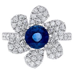 Natural Blue Round Sapphire and White Diamond 2.25 Carat TW Gold Cocktail Ring