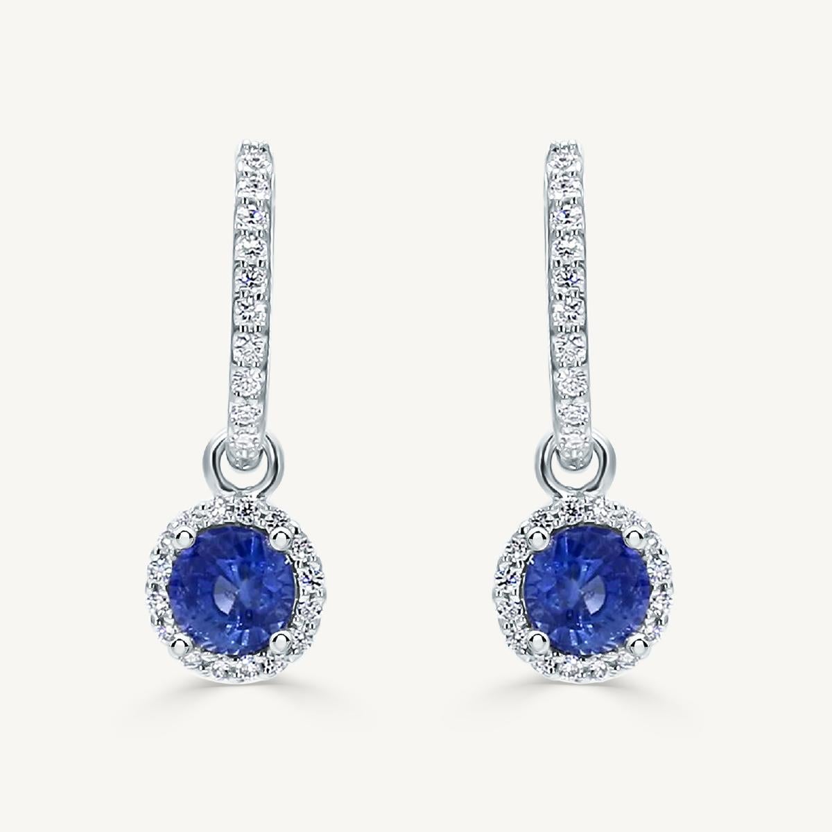 Natural Blue Round Sapphire and White Diamond 2.28 Carat TW Gold Drop Earrings For Sale