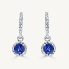 Natural Blue Round Sapphire and White Diamond 2.28 Carat TW Gold Drop Earrings