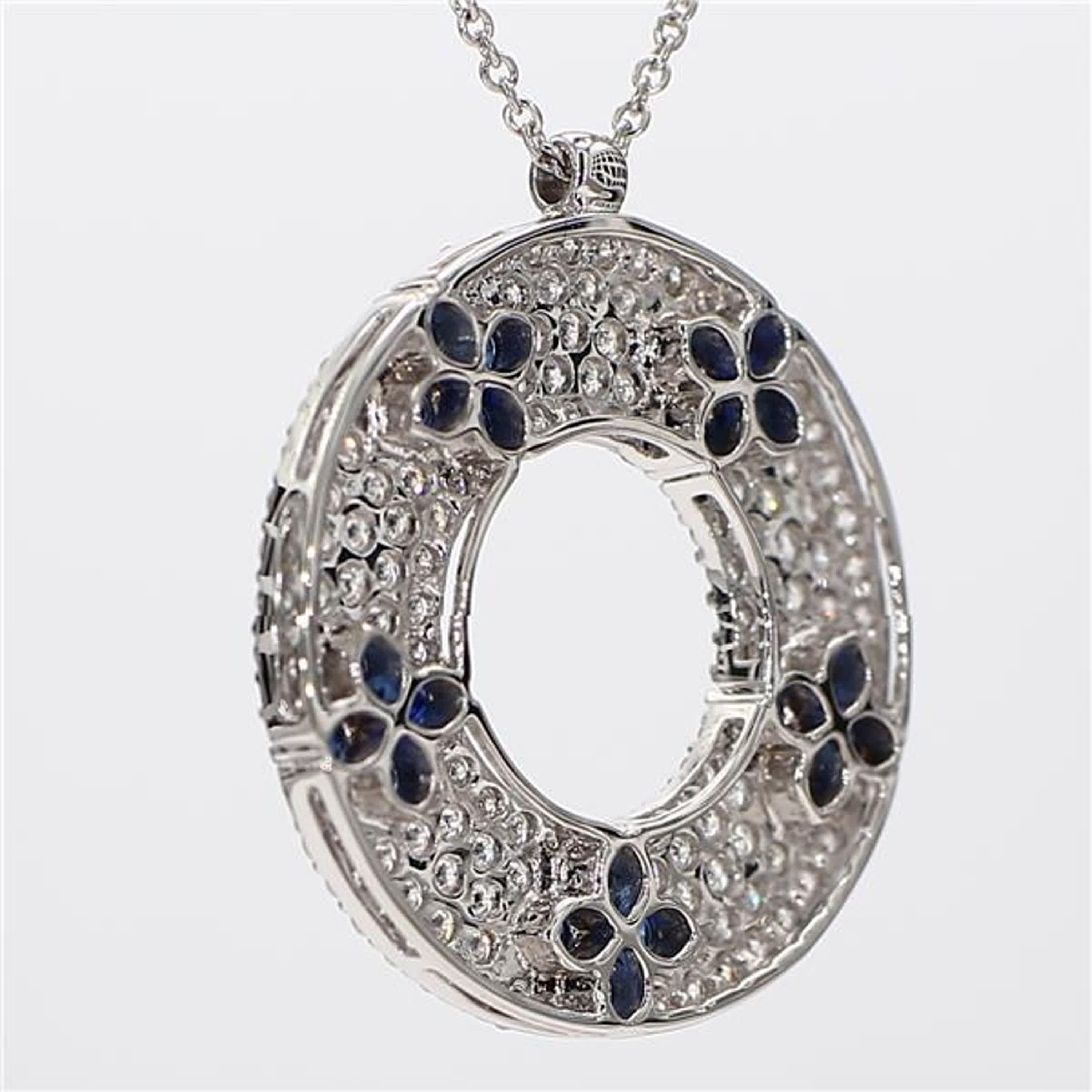 Round Cut Natural Blue Round Sapphire and White Diamond 2.31 Carat TW White Gold Necklace For Sale