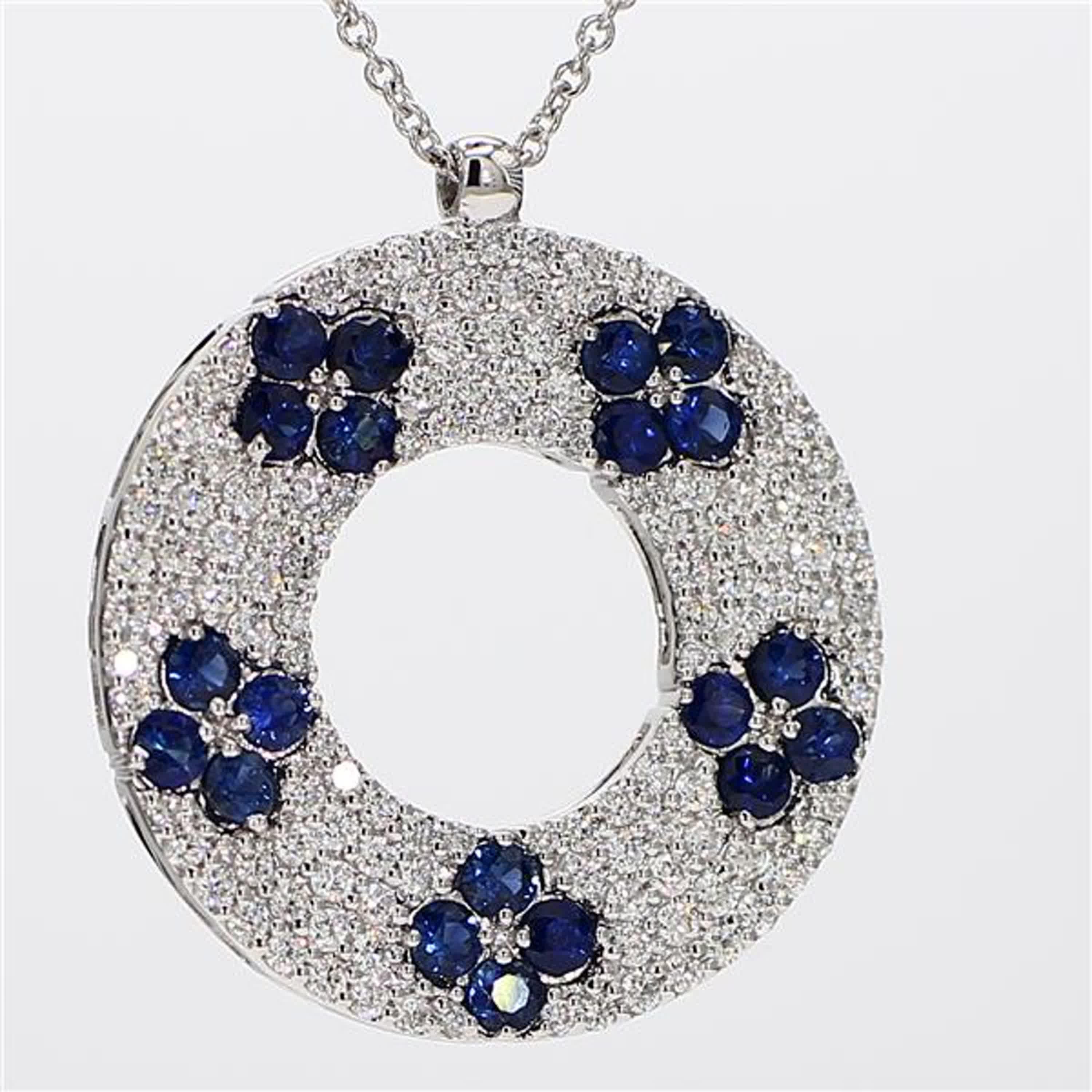 Natural Blue Round Sapphire and White Diamond 2.31 Carat TW White Gold Necklace For Sale 1