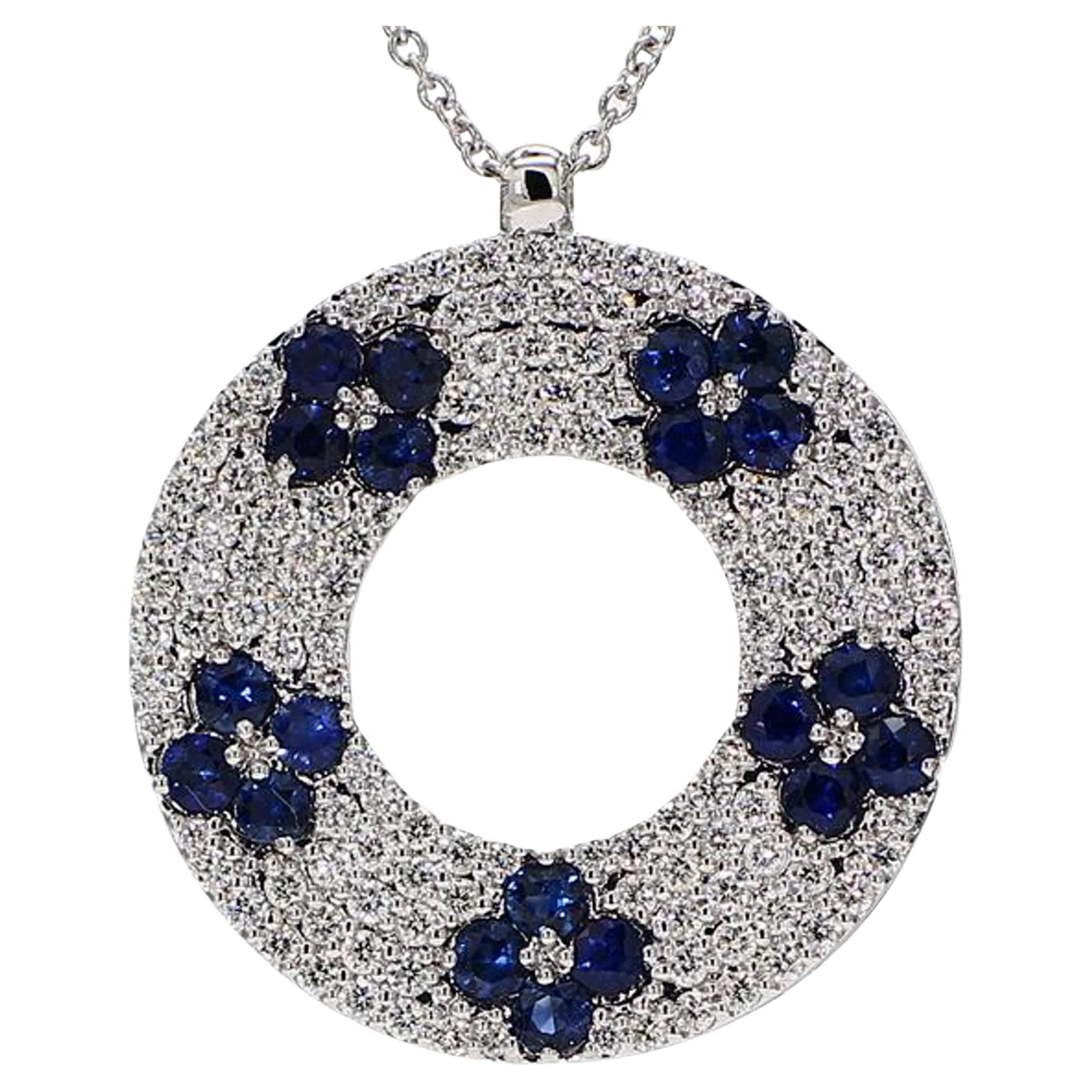Natural Blue Round Sapphire and White Diamond 2.31 Carat TW White Gold Necklace For Sale