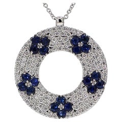 Natural Blue Round Sapphire and White Diamond 2.31 Carat TW White Gold Necklace