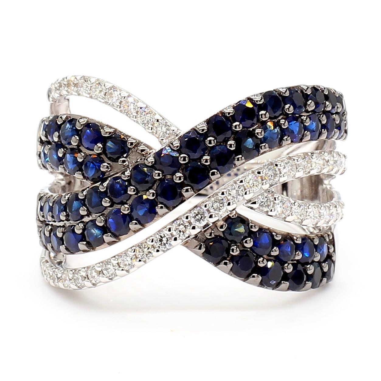 Contemporary Natural Blue Round Sapphire and White Diamond 2.42 Carat TW Gold Cocktail Ring For Sale
