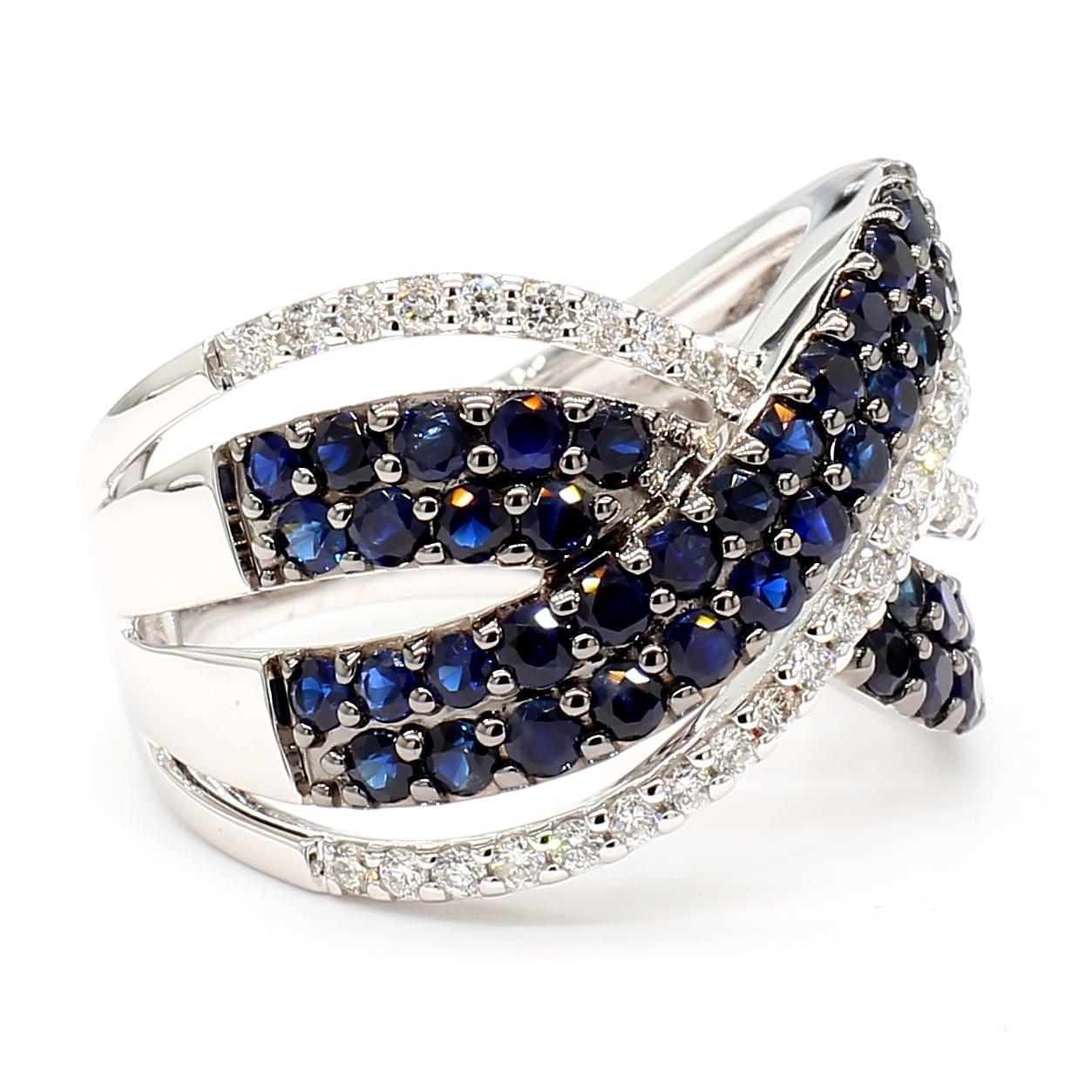 Round Cut Natural Blue Round Sapphire and White Diamond 2.42 Carat TW Gold Cocktail Ring For Sale