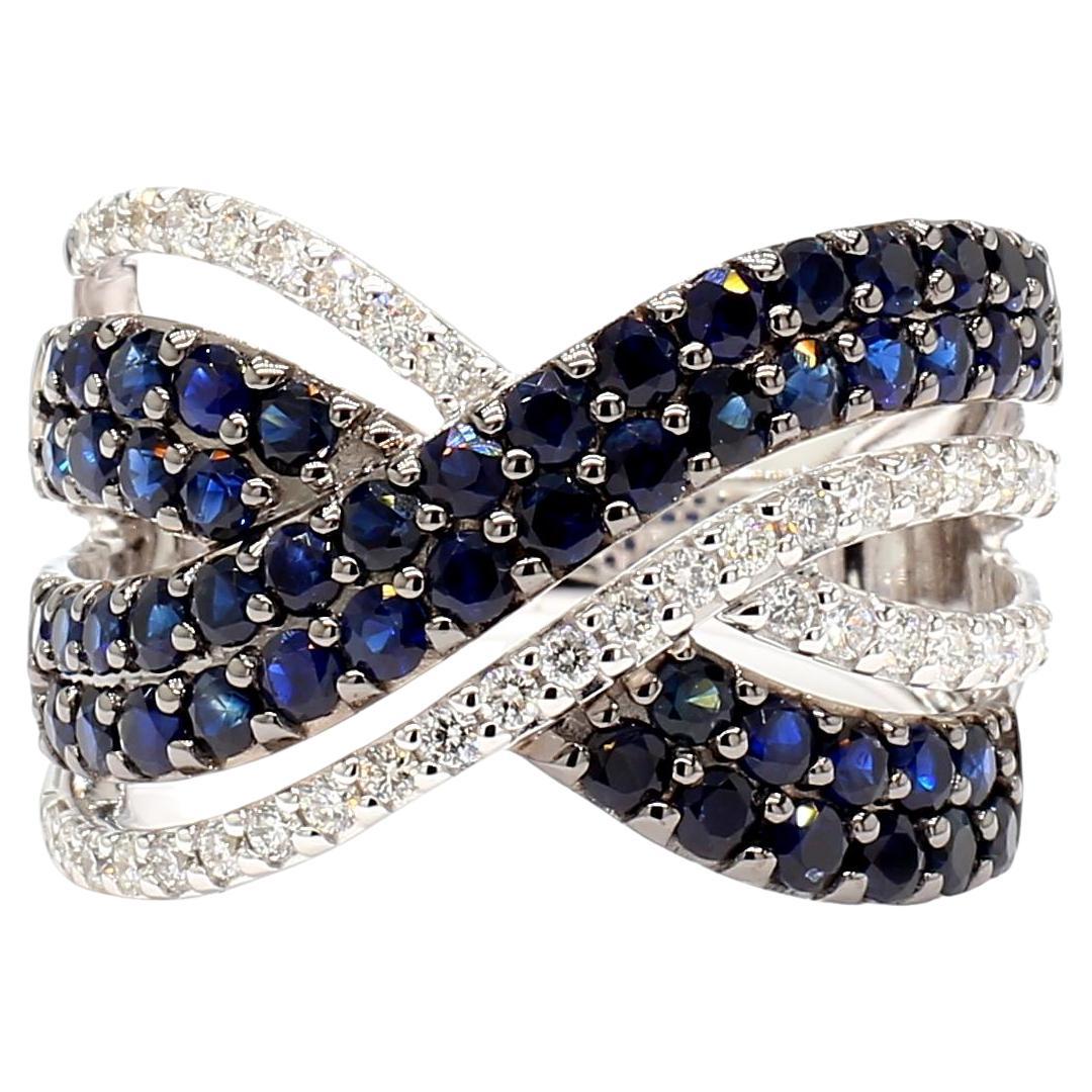 Natural Blue Round Sapphire and White Diamond 2.42 Carat TW Gold Cocktail Ring