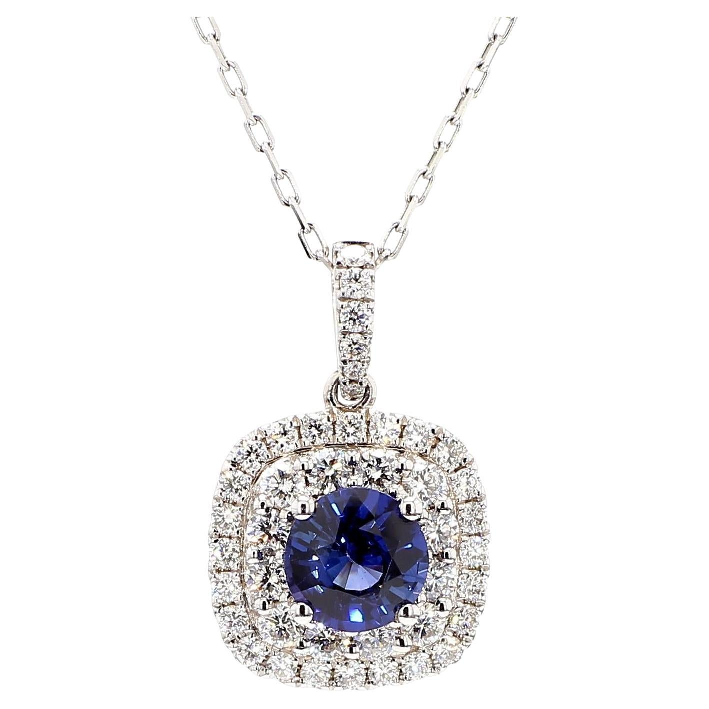 Natural Blue Round Sapphire and White Diamond 2.54 Carat TW Gold Drop Pendant