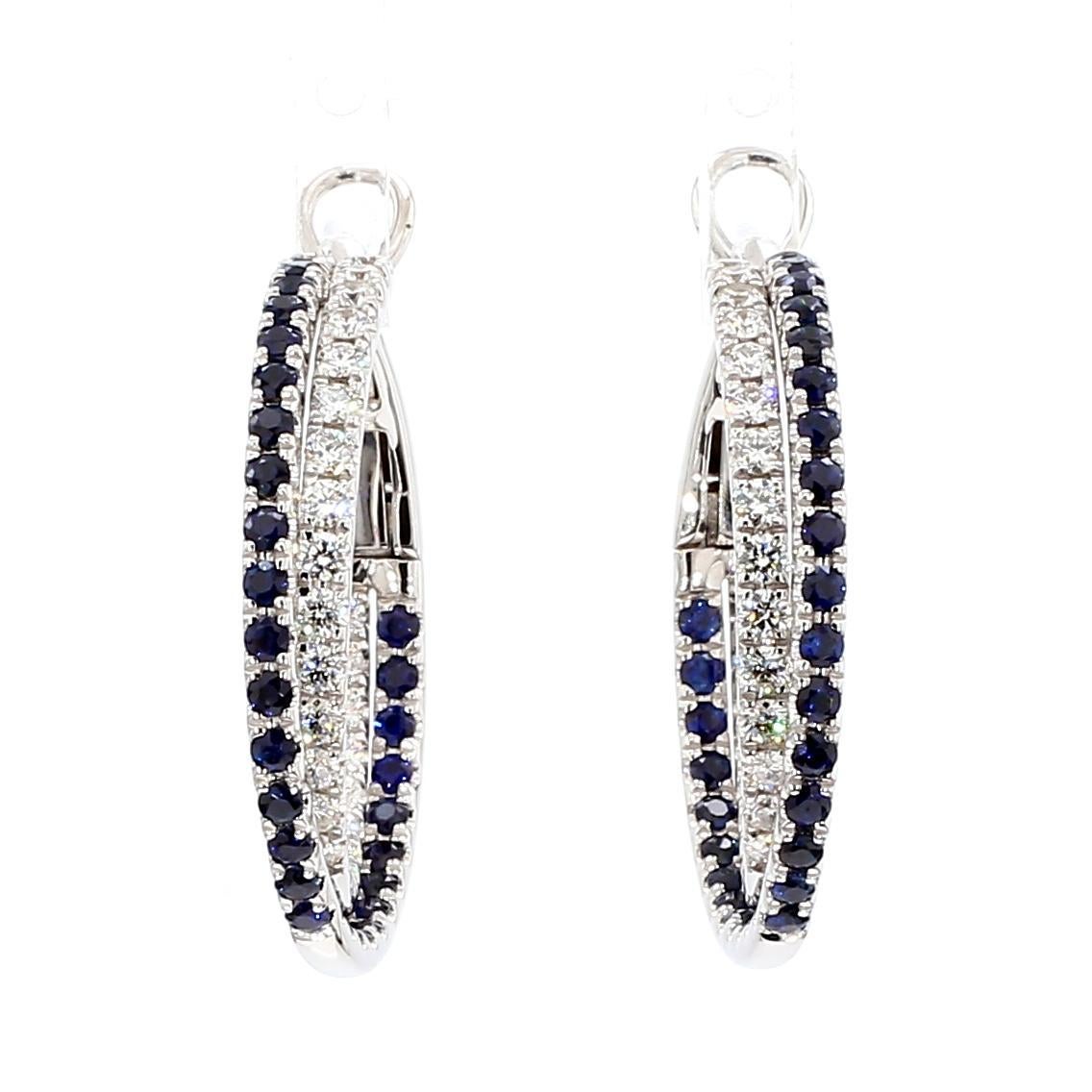 Contemporain Créoles en or de 3,09 carats poids total, avec saphirs ronds bleus naturels et diamants blancs en vente
