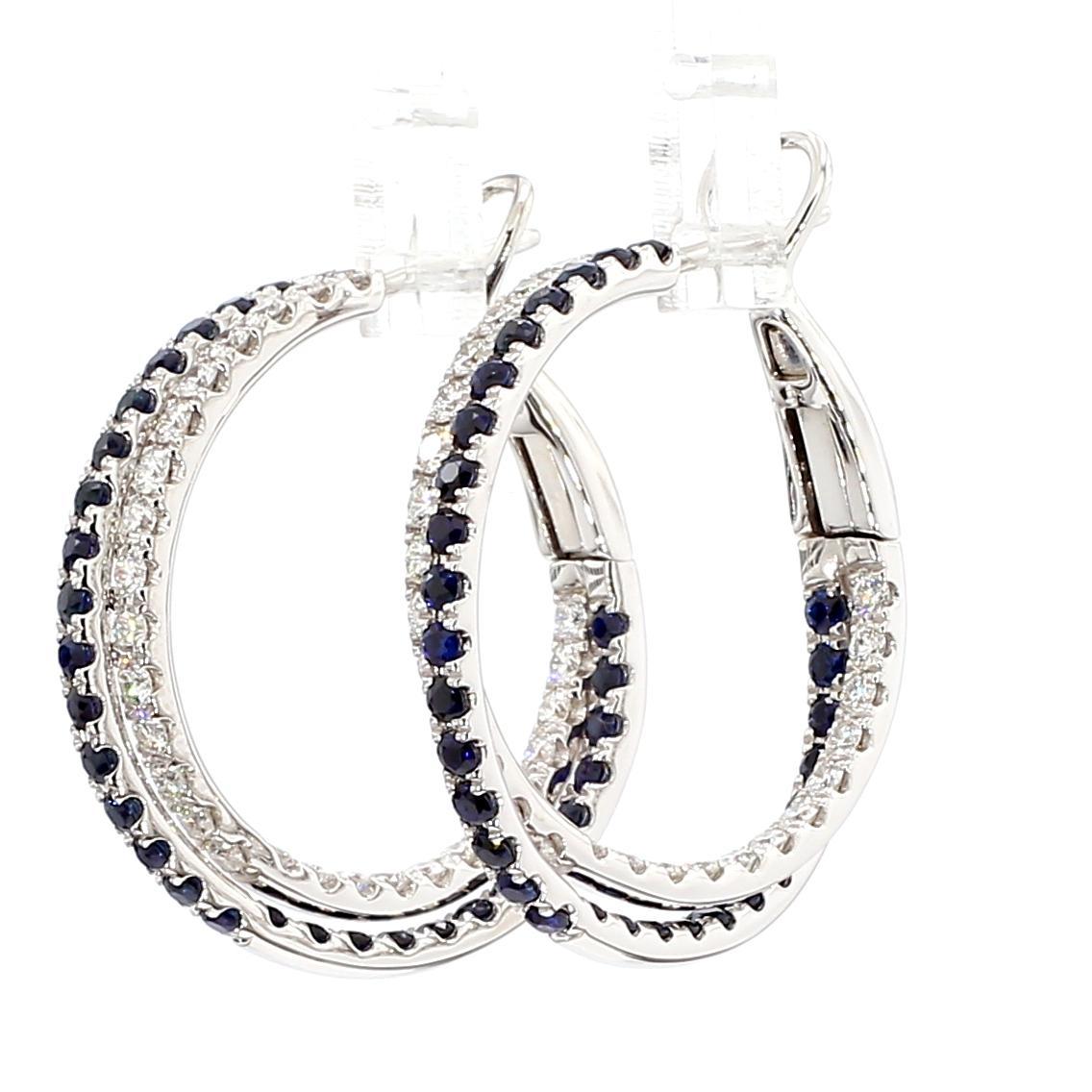 Taille ronde Créoles en or de 3,09 carats poids total, avec saphirs ronds bleus naturels et diamants blancs en vente
