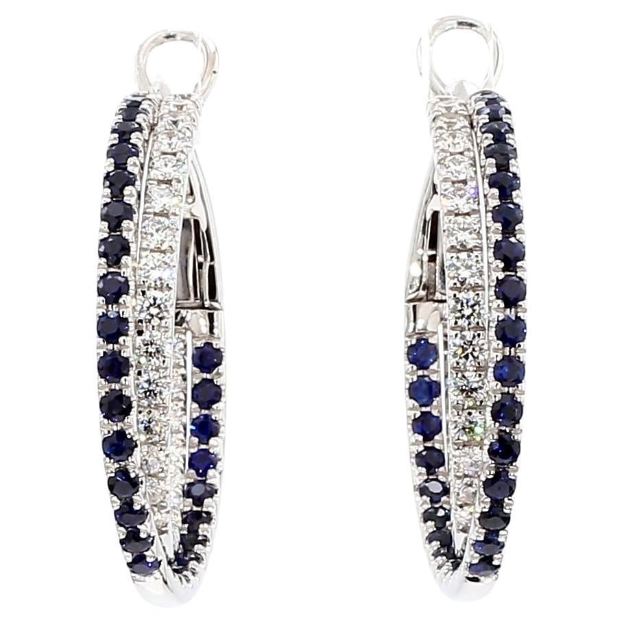 Natural Blue Round Sapphire and White Diamond 3.09 Carat TW Gold Hoop Earrings