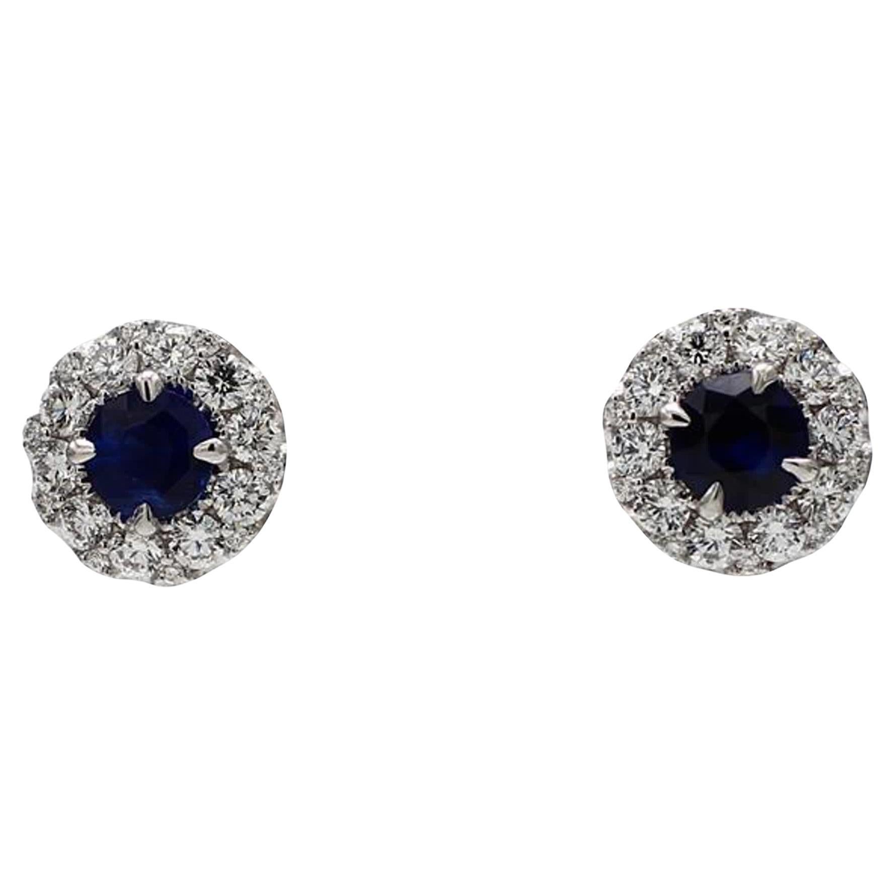 Natürlicher blauer runder Saphir und weißer Diamant 3,41 Karat TW Gold Ohrstecker