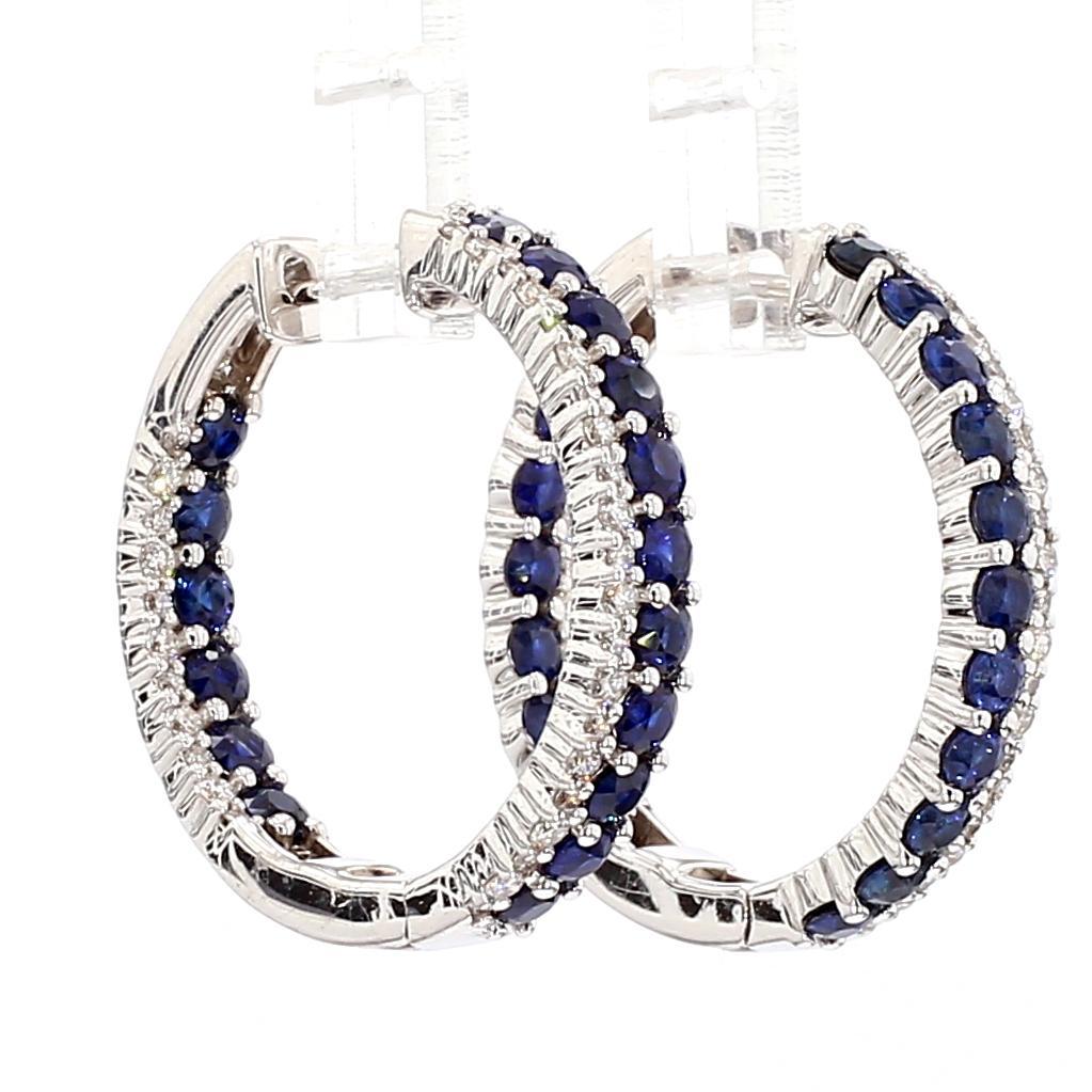 Round Cut Natural Blue Round Sapphire and White Diamond 3.47 Carat TW Gold Hoop Earrings For Sale