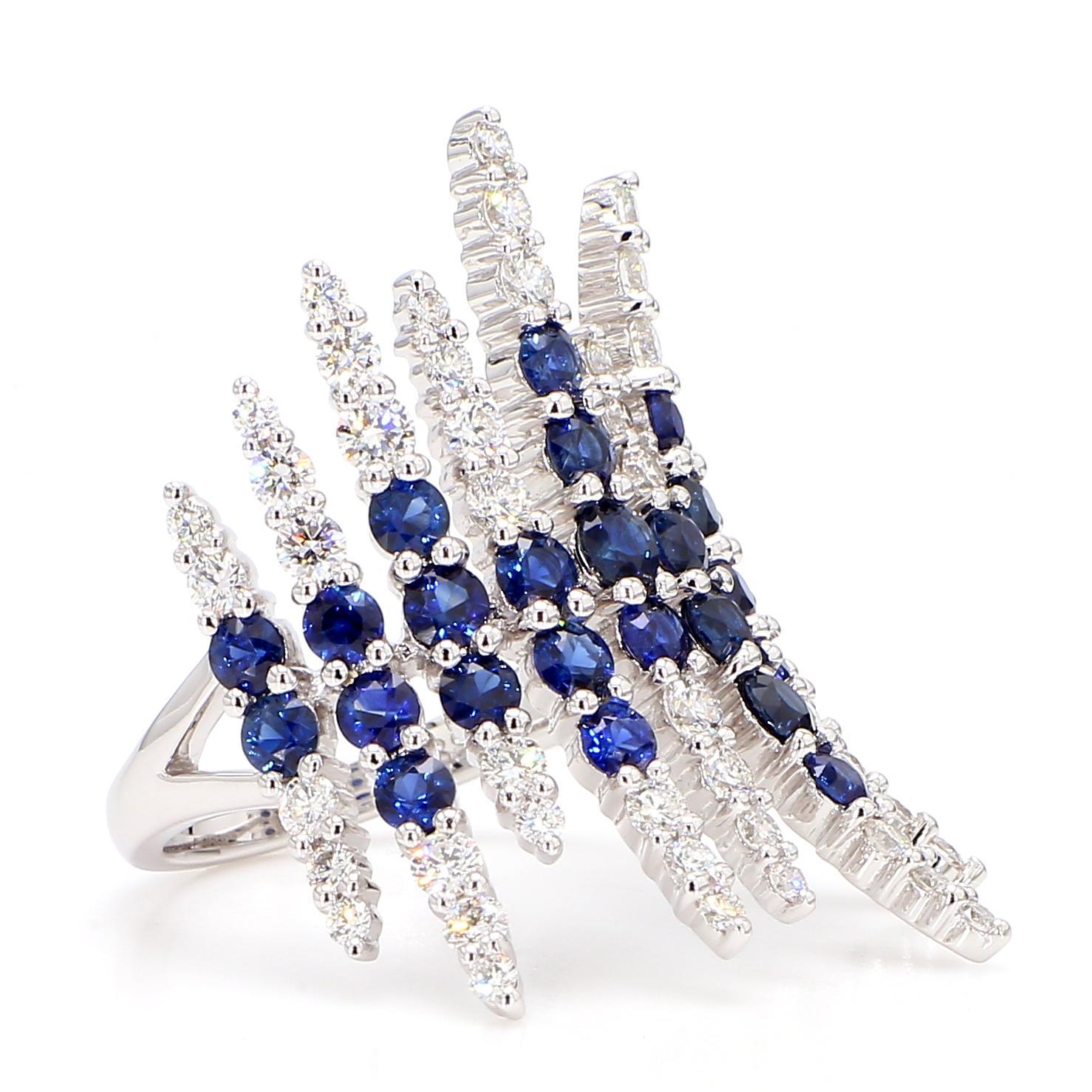 Natürlicher blauer runder Saphir und weißer Diamant 3.55 Karat TW Gold Cocktail-Ring (Rundschliff) im Angebot