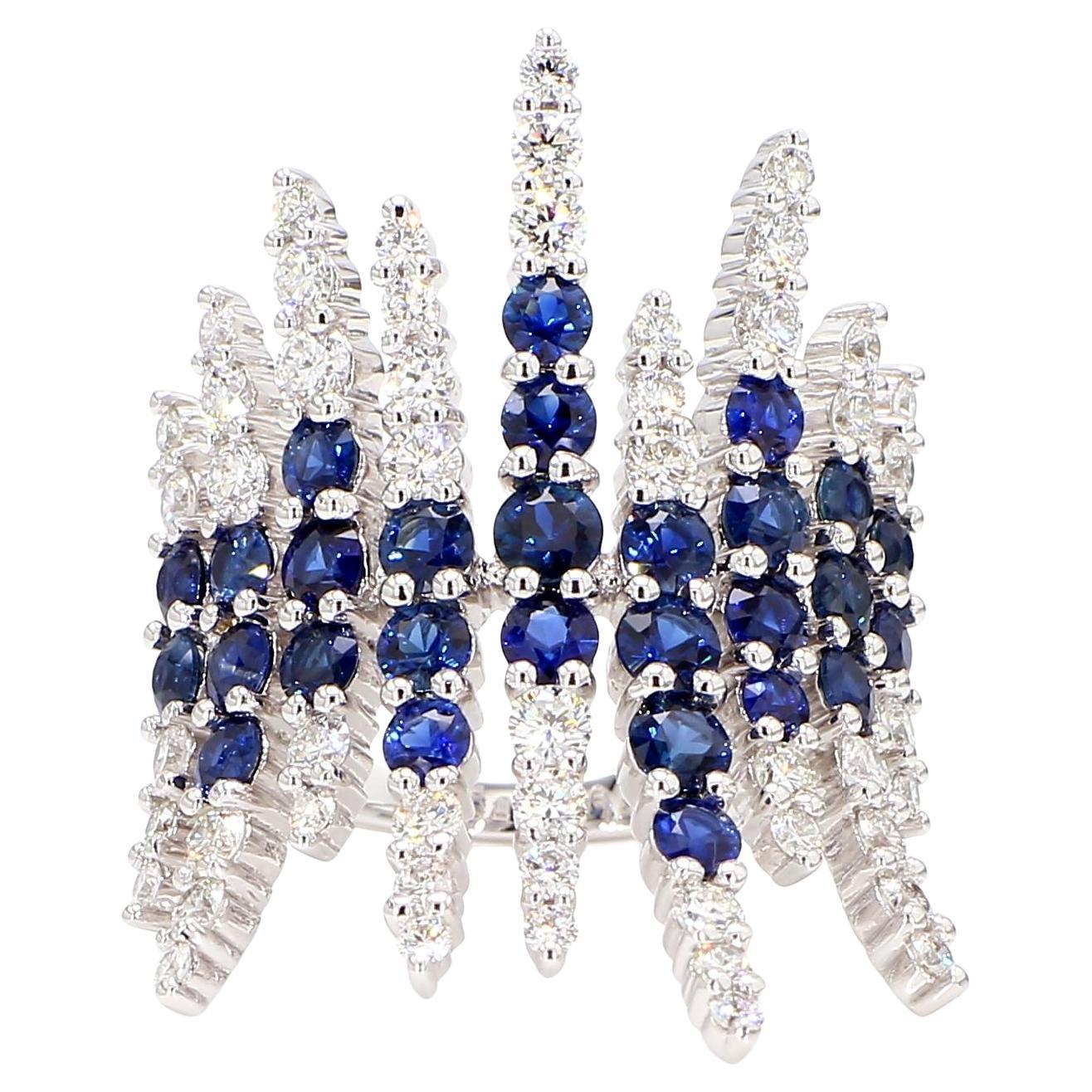 Natural Blue Round Sapphire and White Diamond 3.55 Carat TW Gold Cocktail Ring