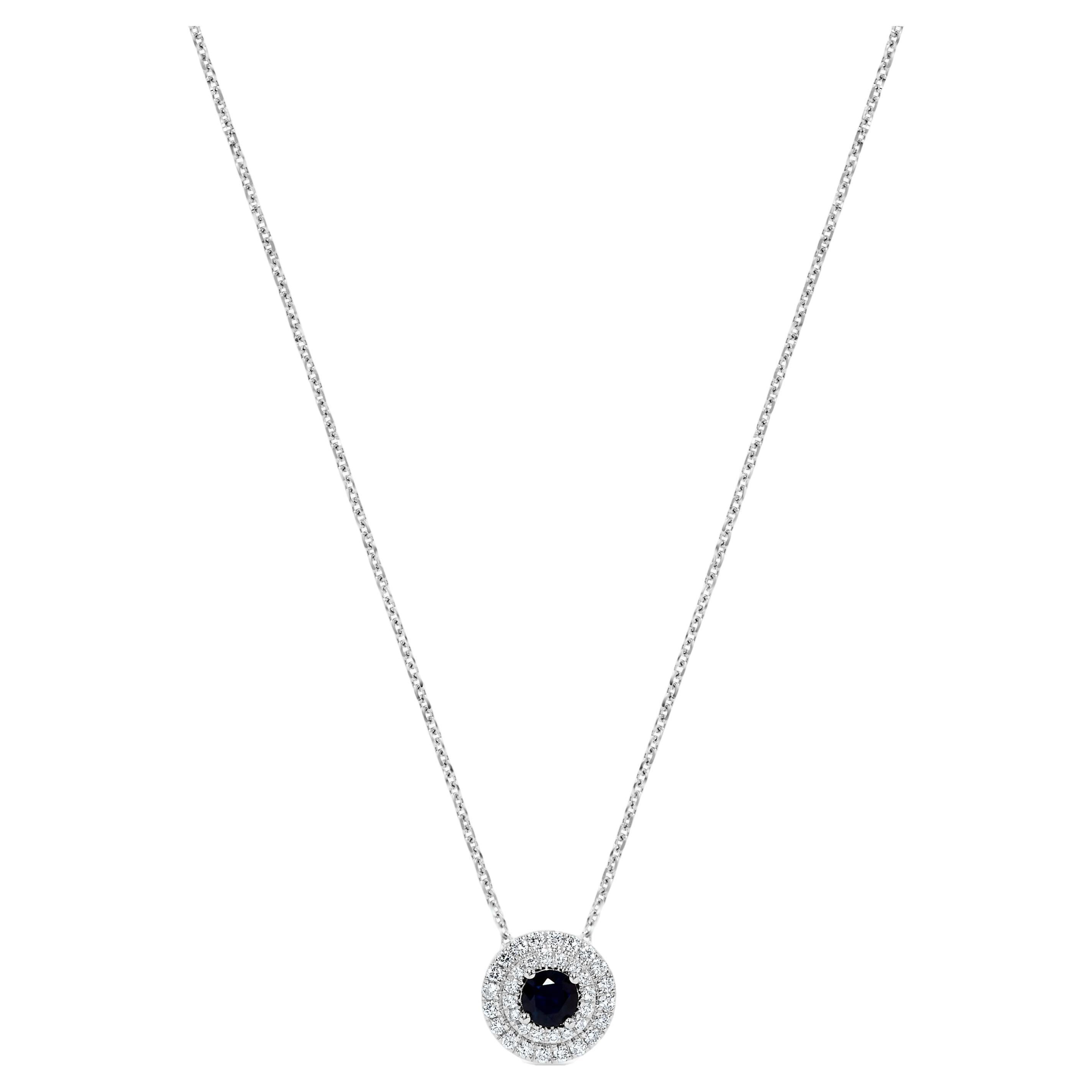 Natural Blue Round Sapphire and White Diamond .52 Carat TW Gold Drop Pendant For Sale