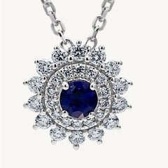 Natural Blue Round Sapphire and White Diamond , 72 Carat TW White Gold Pendant