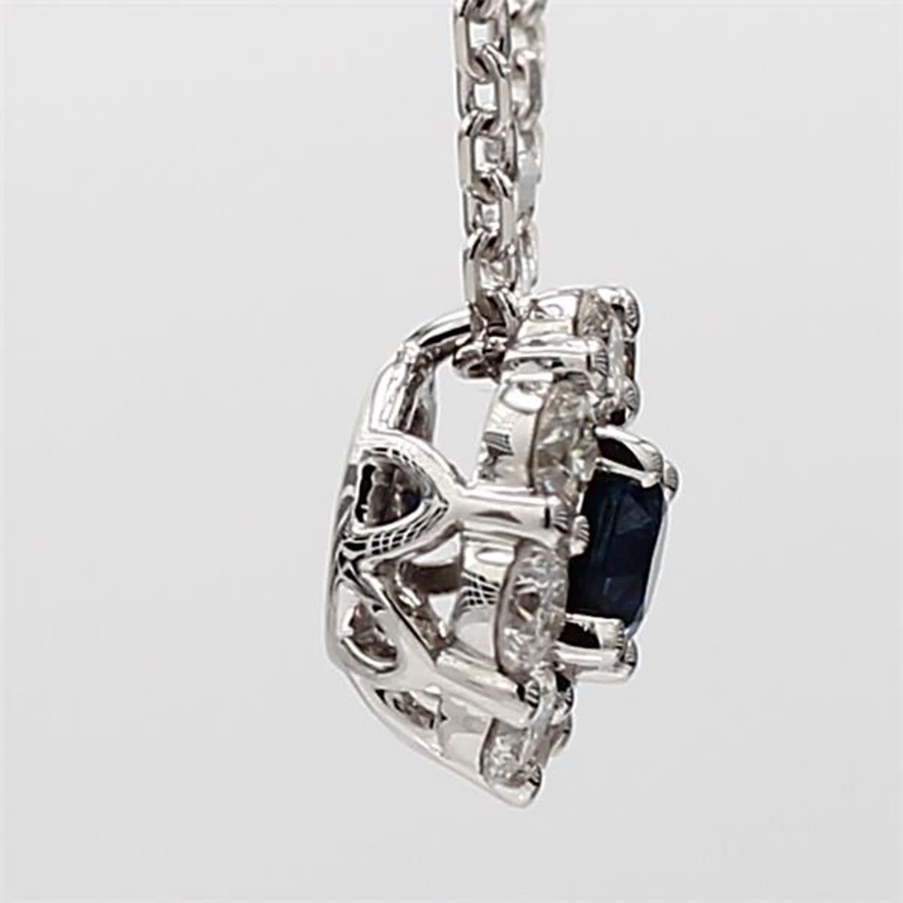 Women's Natural Blue Round Sapphire and White Diamond .88 Carat TW White Gold Pendant For Sale