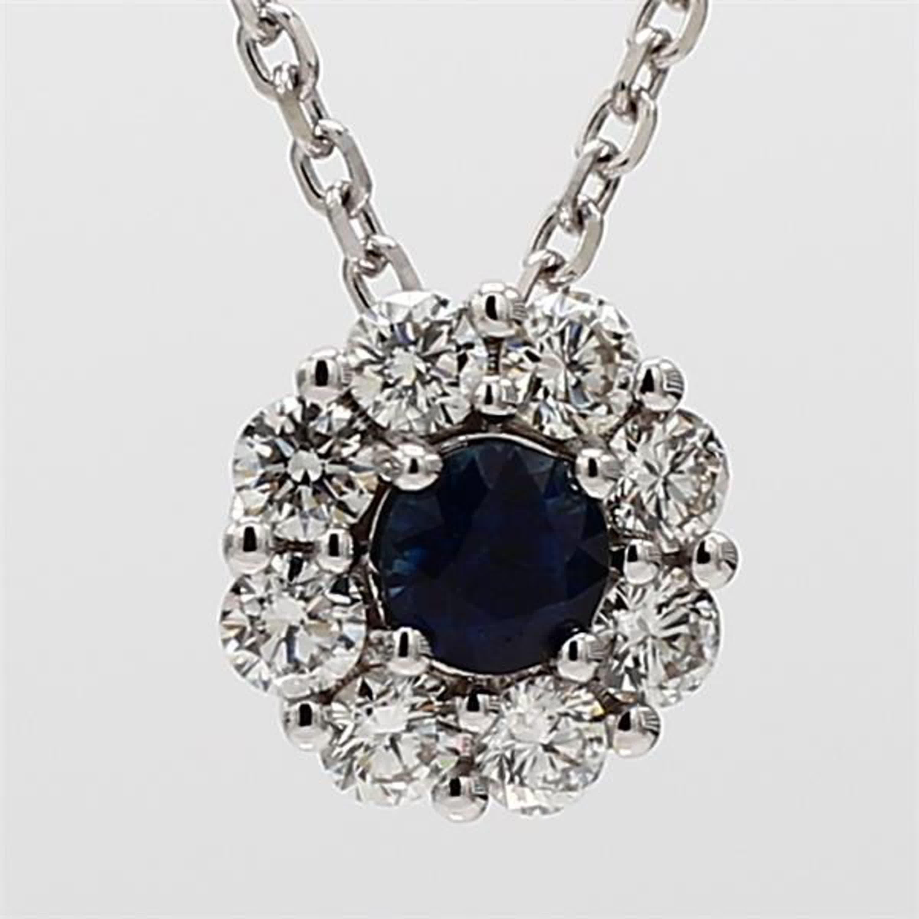 Natural Blue Round Sapphire and White Diamond .88 Carat TW White Gold Pendant For Sale 1
