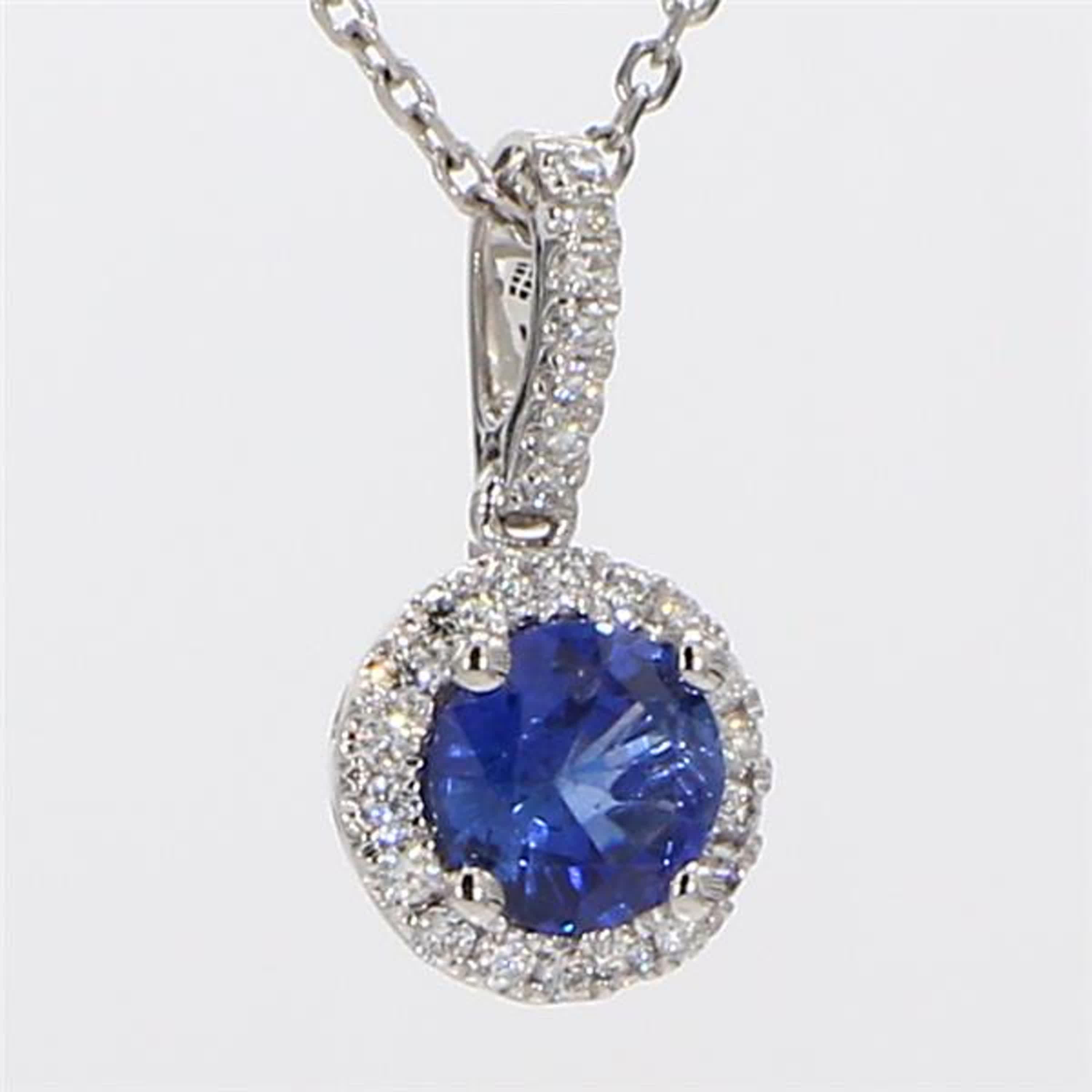 Natural Blue Round Sapphire and White Diamond .90 Carat TW White Gold Pendant 1