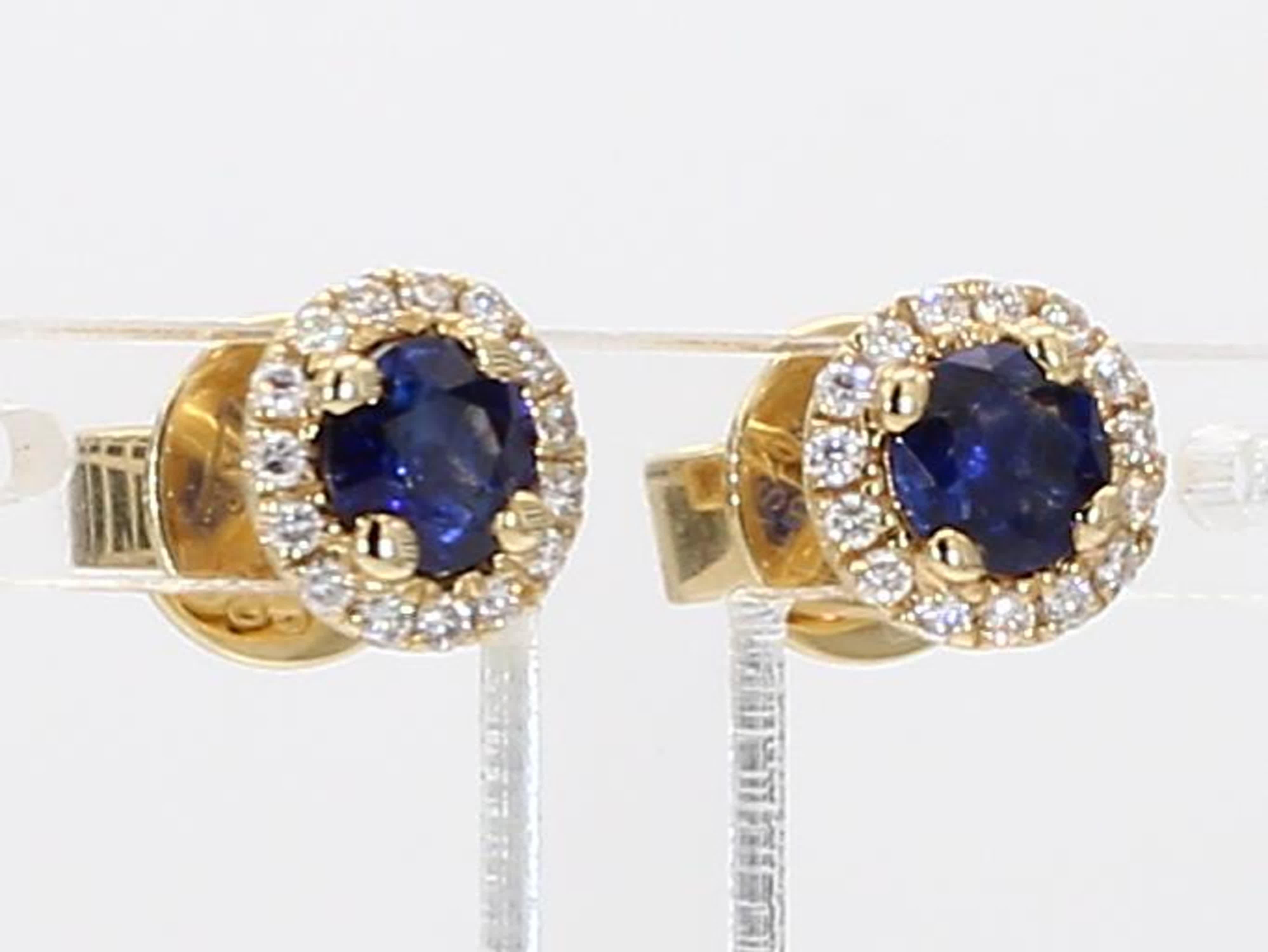 Natural Blue Round Sapphire and White Diamond .93 Carat TW Gold Stud Earrings 1