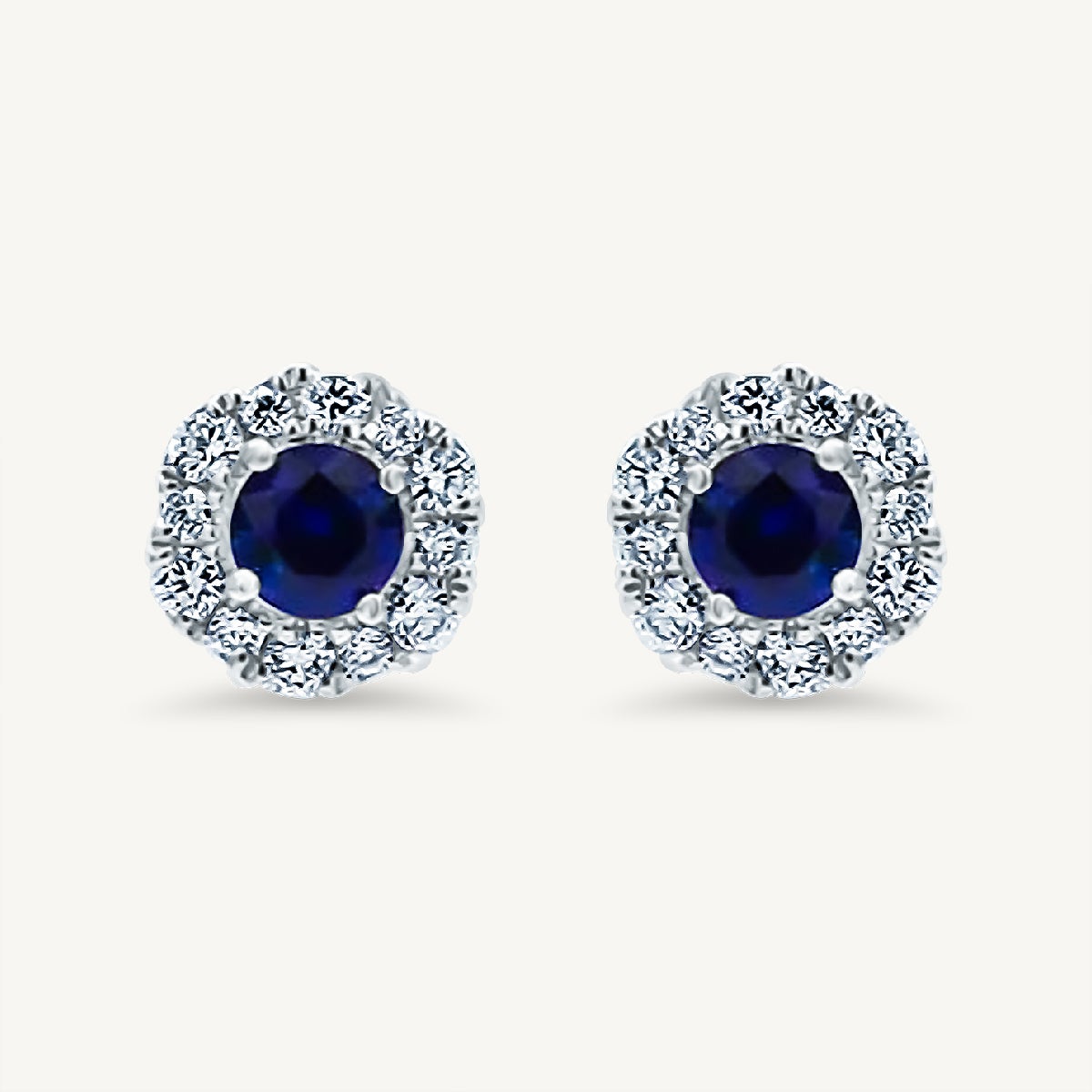 Natural Blue Round Sapphire and White Diamond .93 Carat TW Gold Stud Earrings For Sale