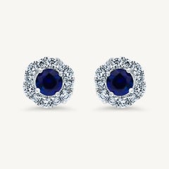 Natural Blue Round Sapphire and White Diamond .93 Carat TW Gold Stud Earrings