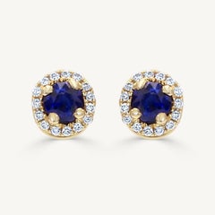 Natural Blue Round Sapphire and White Diamond .93 Carat TW Gold Stud Earrings