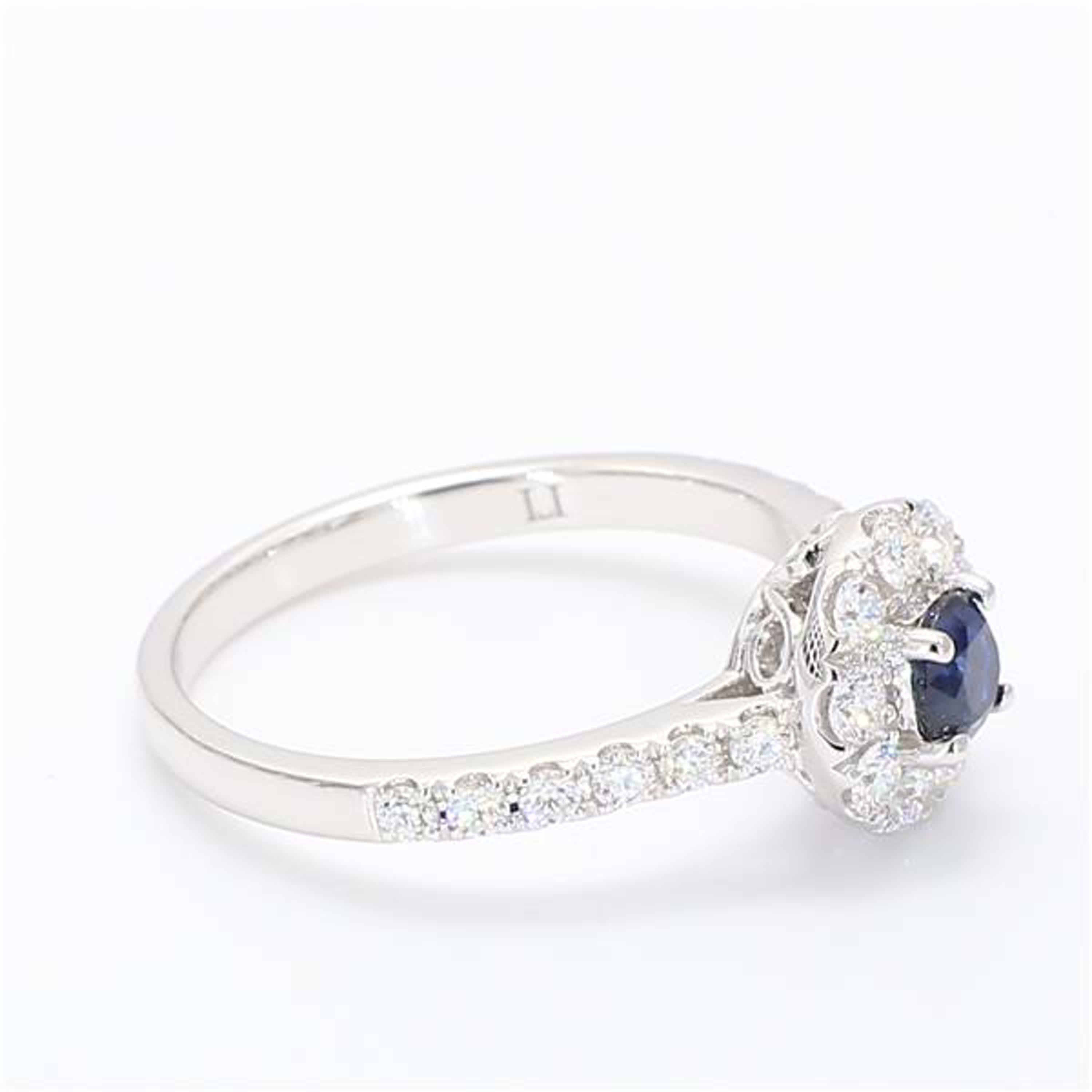 Round Cut Natural Blue Round Sapphire and White Diamond .93 Carat TW White Gold Ring For Sale