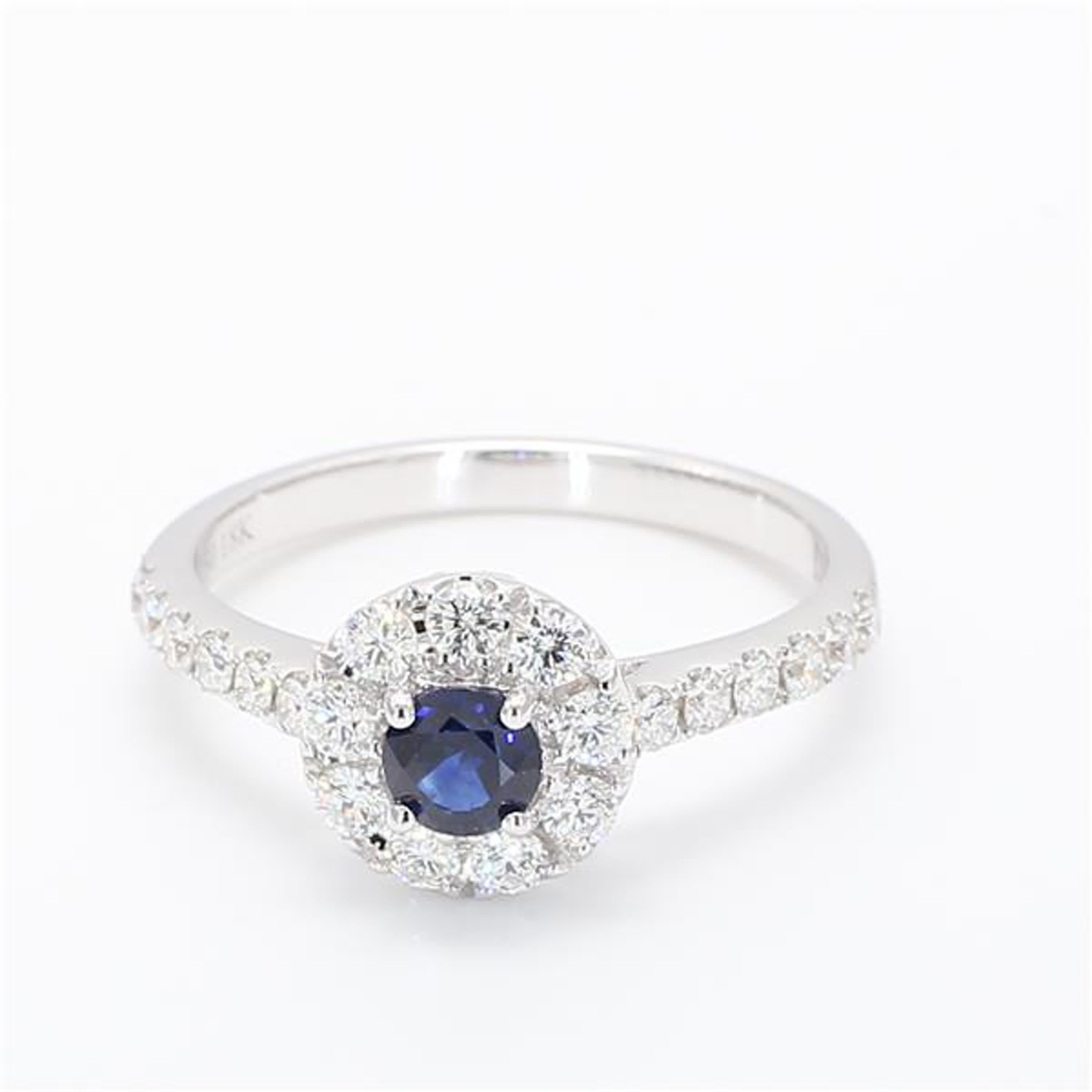 Natural Blue Round Sapphire and White Diamond .93 Carat TW White Gold Ring For Sale 1