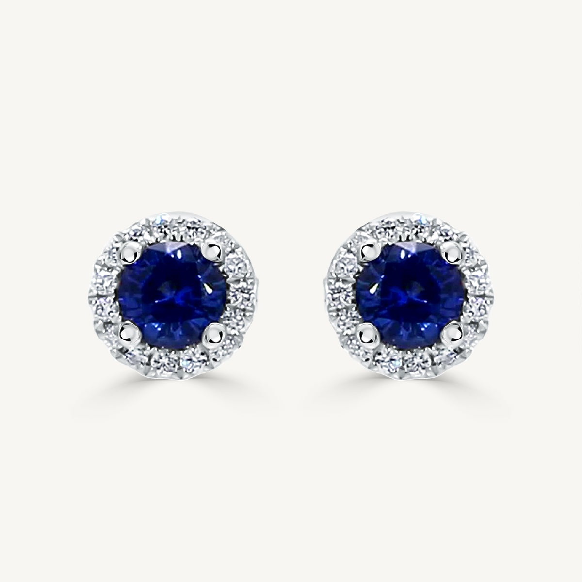 Natural Blue Round Sapphire and White Diamond .96 Carat TW Gold Stud Earrings For Sale