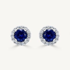 Boucles d'oreilles en or, saphir rond bleu naturel et diamant blanc de 0,96 carat TW