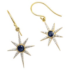 Designer 14K Gold Blue Sapphire 0.63ct & Diamond 0.27ct Earrings