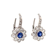 Natural Blue Sapphire & 0.95ctw Diamond Floral Halo Dangle Earrings, 18K