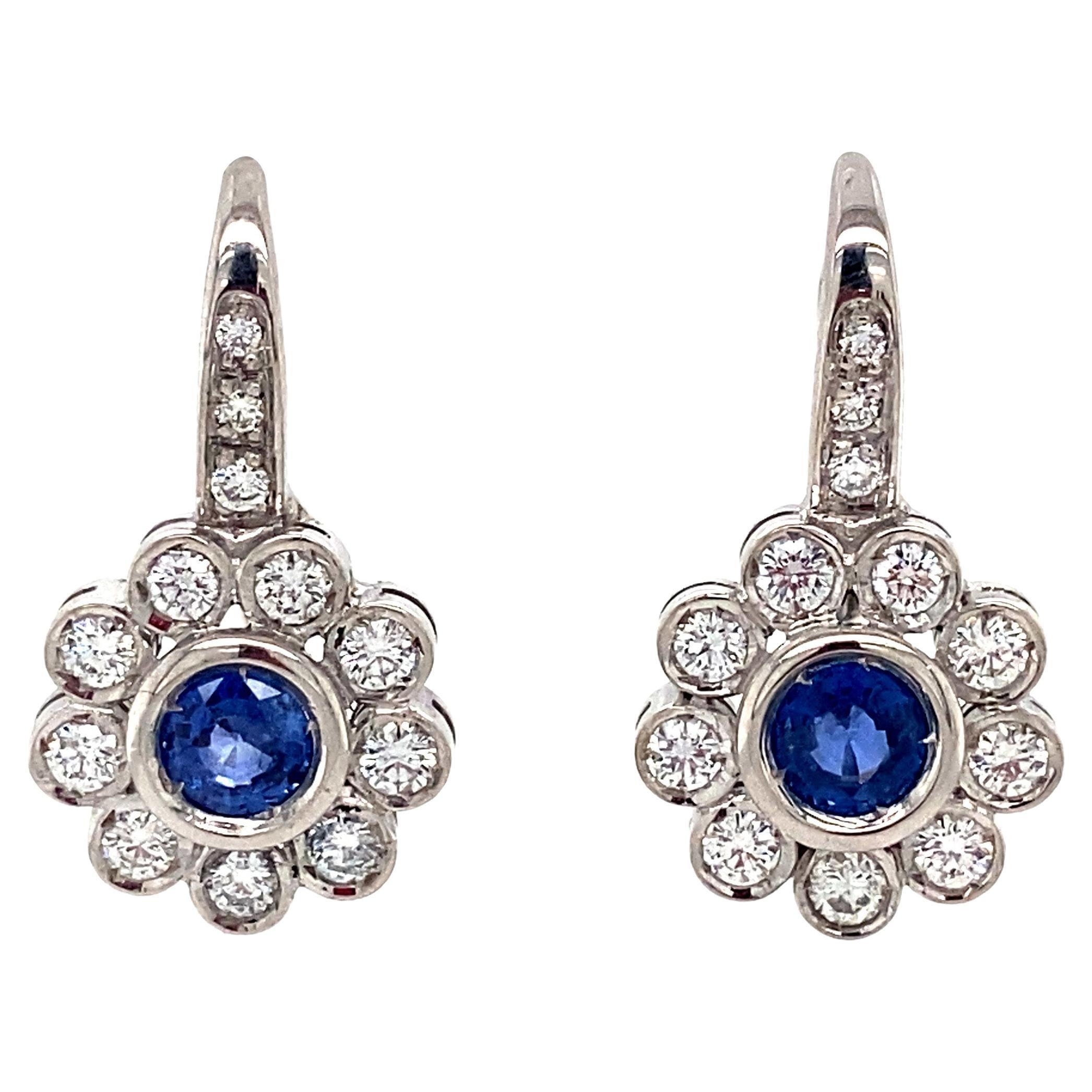 Natural Blue Sapphire & 0.95ctw Diamond Floral Halo Dangle Earrings, 18K
