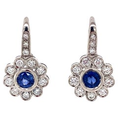 Natural Blue Sapphire & 0.95ctw Diamond Floral Halo Dangle Earrings, 18K