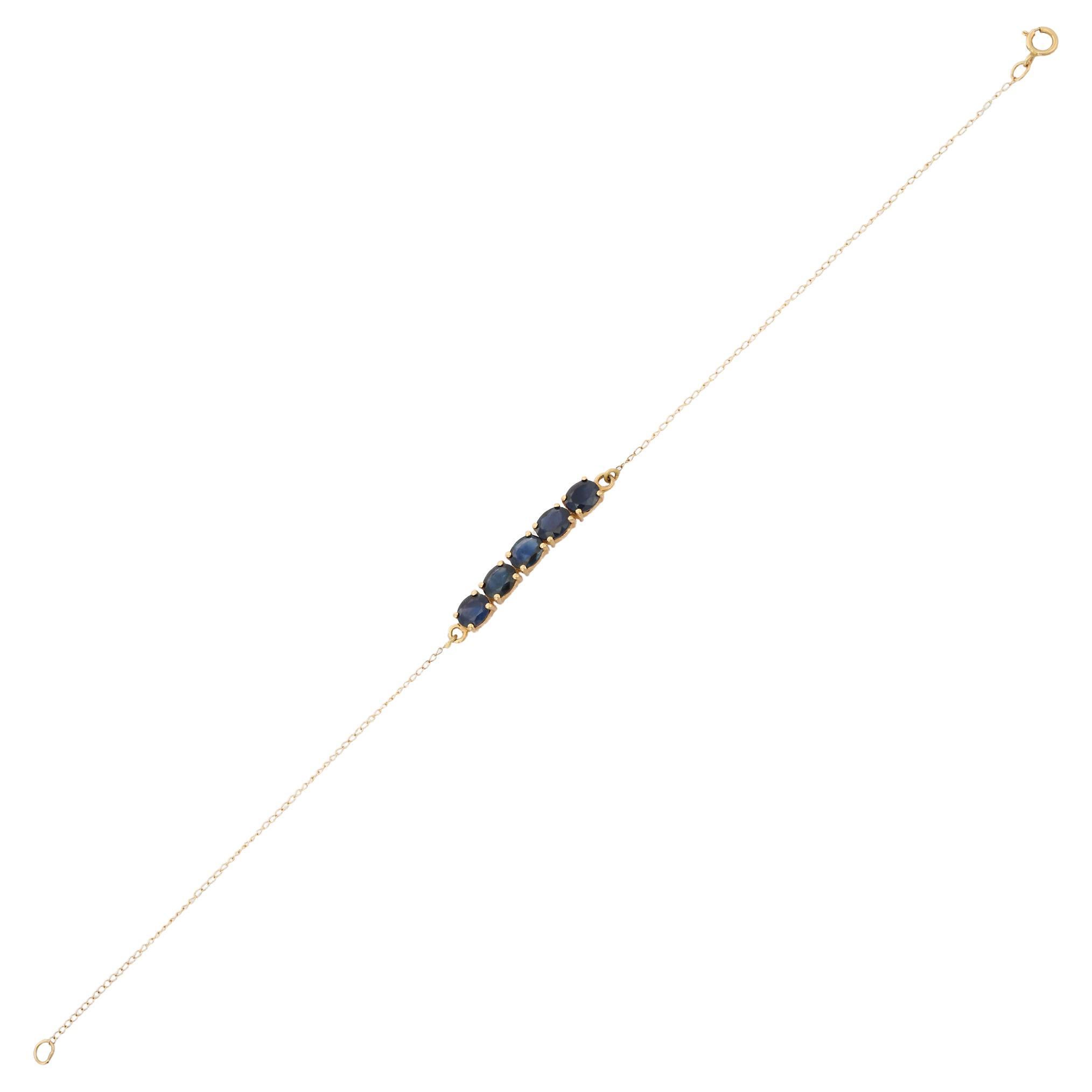 Modern Natural Blue Sapphire Chain Bracelet in 14K Yellow Gold