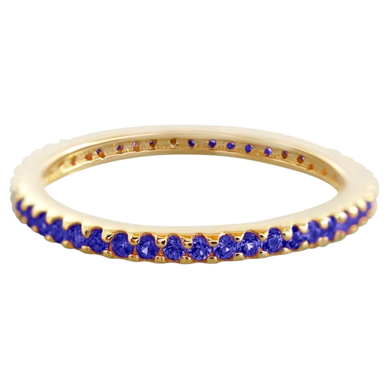 Natural Blue Sapphire 14k Yellow Gold Single Line Band Stack Ring Fine Jewelry