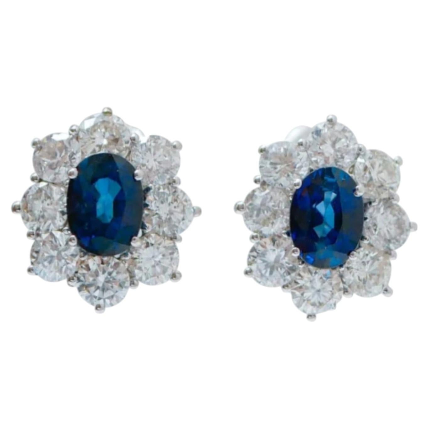 18K White Gold Blue Sapphire & Diamond Earrings, 3.51ct