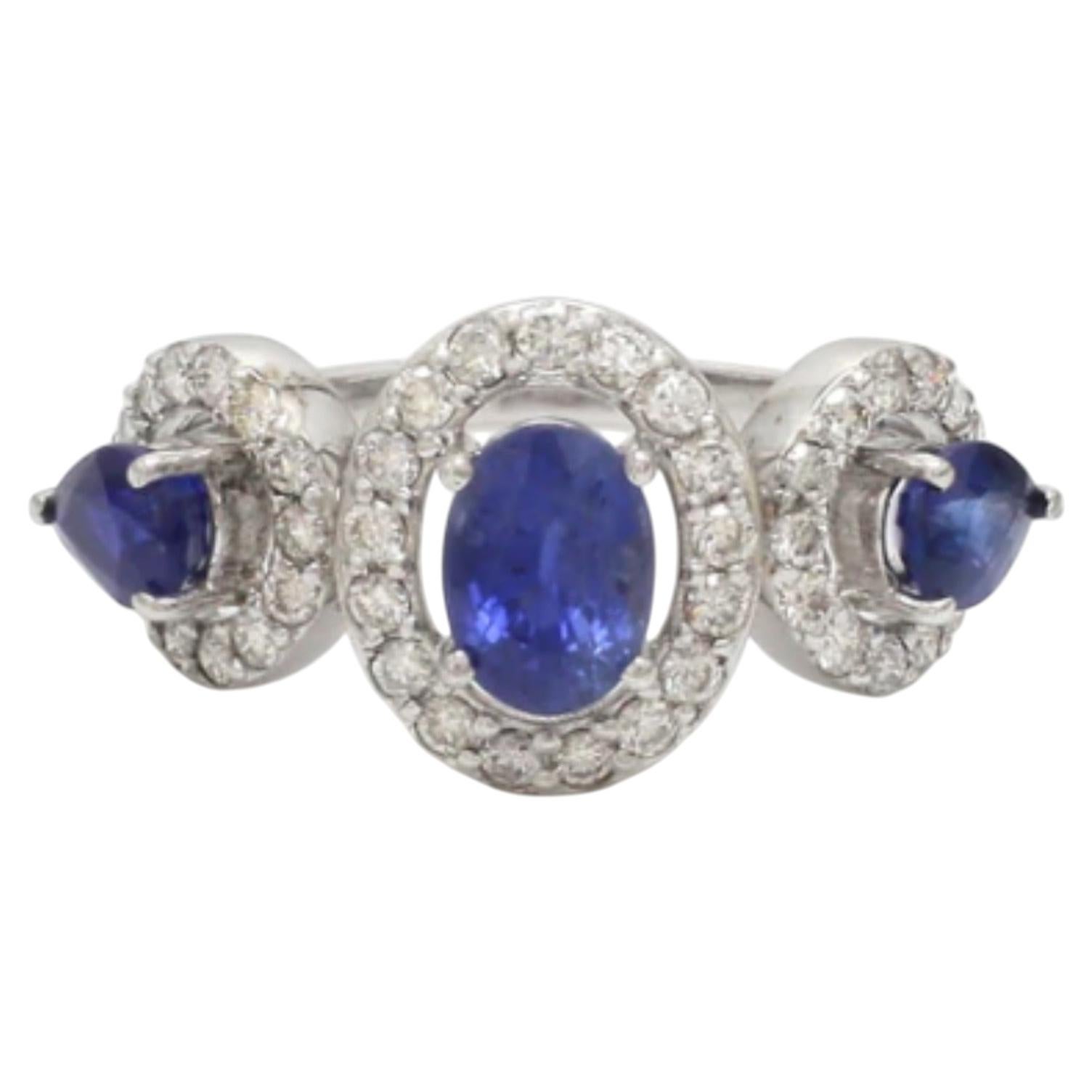 14K White Gold Blue Sapphire 2.49ct & Diamond 0.62ct Ring For Sale