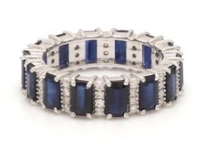 Natural Blue Sapphire 7ct Emerald Cut Ring with Diamond in 14K Gold